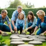 En familie samles i haven lægger brosten sammen ler og snakker mens de arbejder